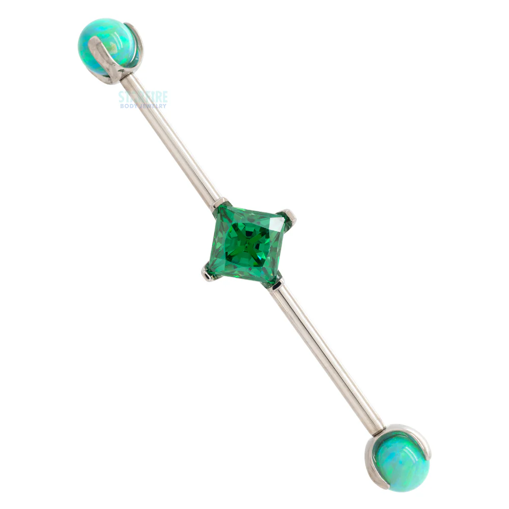 Princess-Cut Faceted Gem Industrial Barbell with Opal Balls in Prong's - Image 8