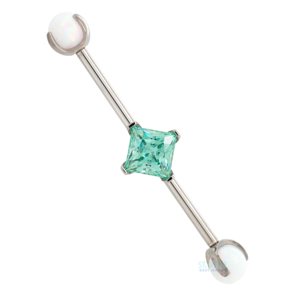 Princess-Cut Faceted Gem Industrial Barbell with Opal Balls in Prong's - Image 9