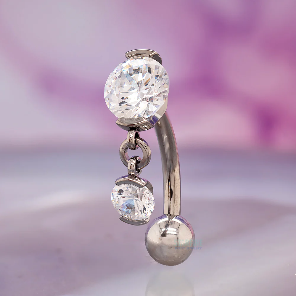 Fixed Top 2 Prong-Set Faceted Gem Navel Curve with Dangle #1 - Image 2