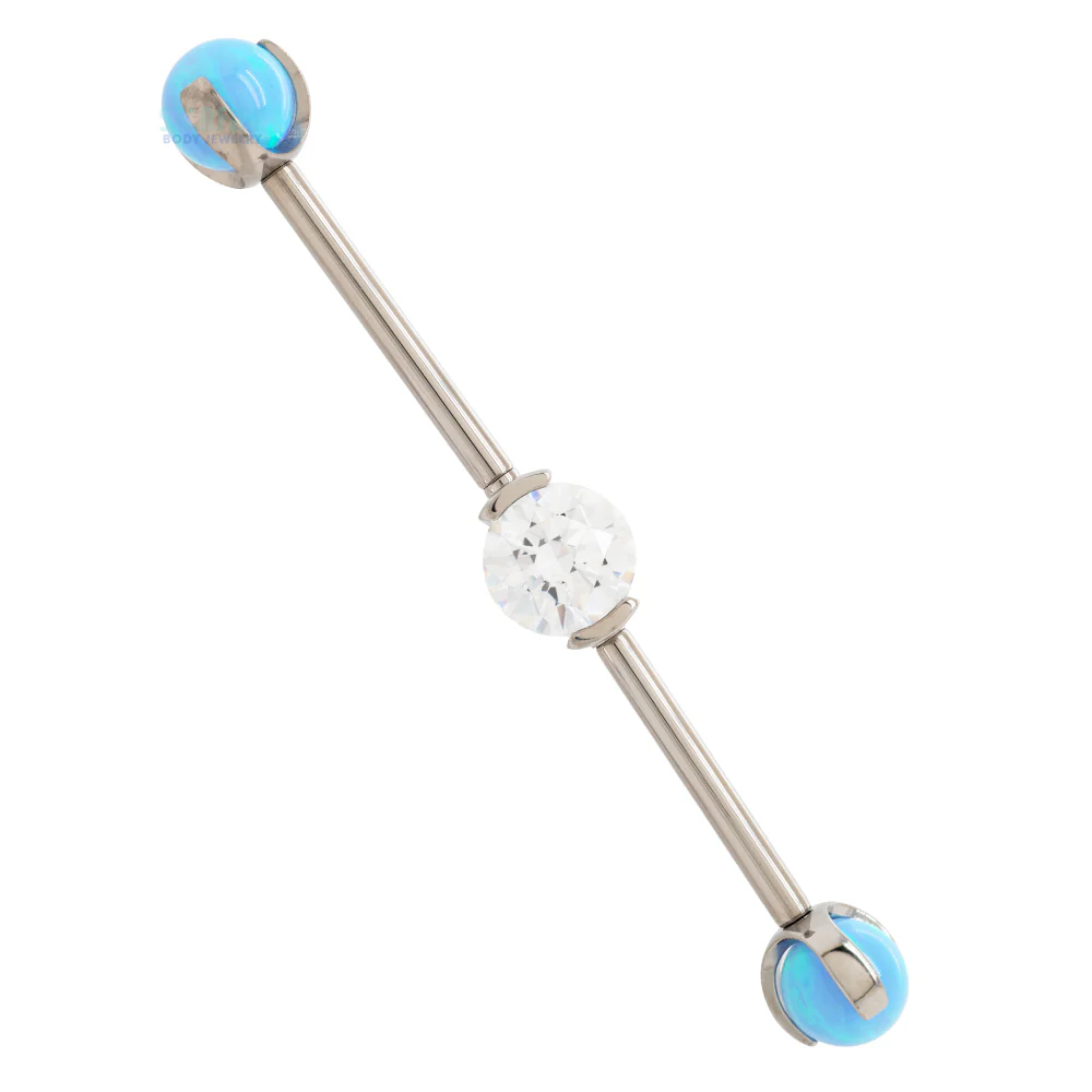 Round Faceted Gem Industrial Barbell with Opal Balls in Prong's