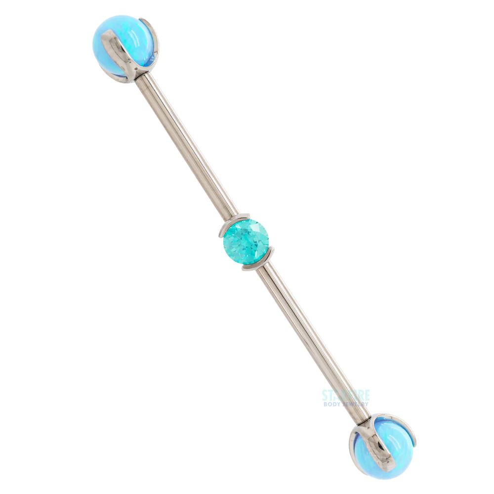 Round Faceted Gem Industrial Barbell with Opal Balls in Prong's - Image 10
