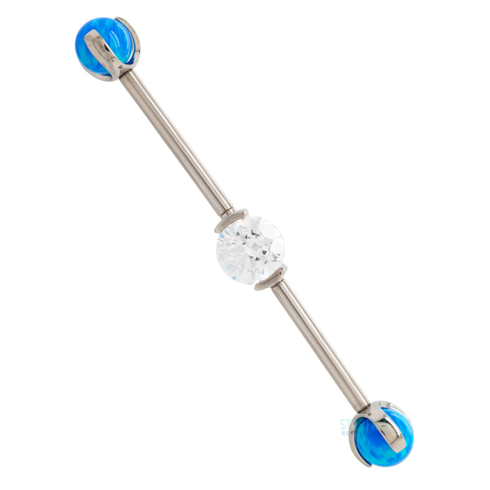Round Faceted Gem Industrial Barbell with Opal Balls in Prong's - Image 13
