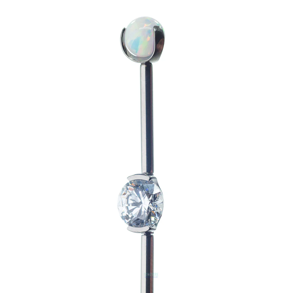 Round Faceted Gem Industrial Barbell with Opal Balls in Prong's - Image 2