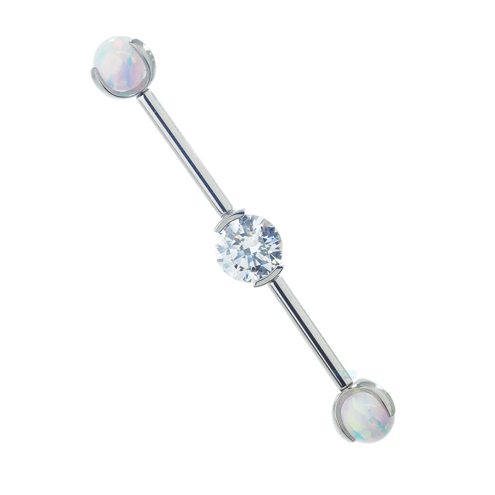 Round Faceted Gem Industrial Barbell with Opal Balls in Prong's - Image 5