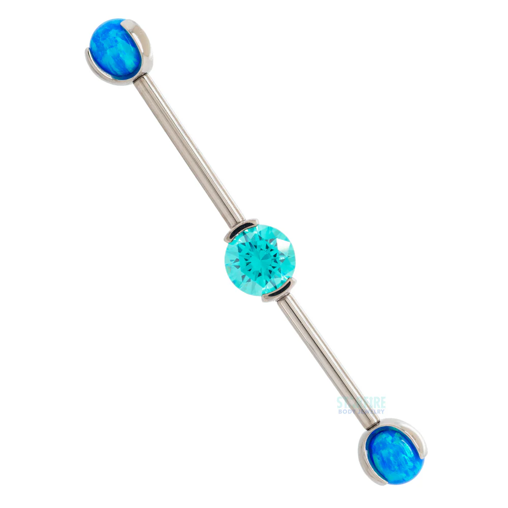 Round Faceted Gem Industrial Barbell with Opal Balls in Prong's - Image 6