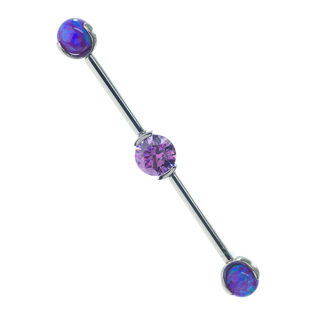 Round Faceted Gem Industrial Barbell with Opal Balls in Prong's - Image 7