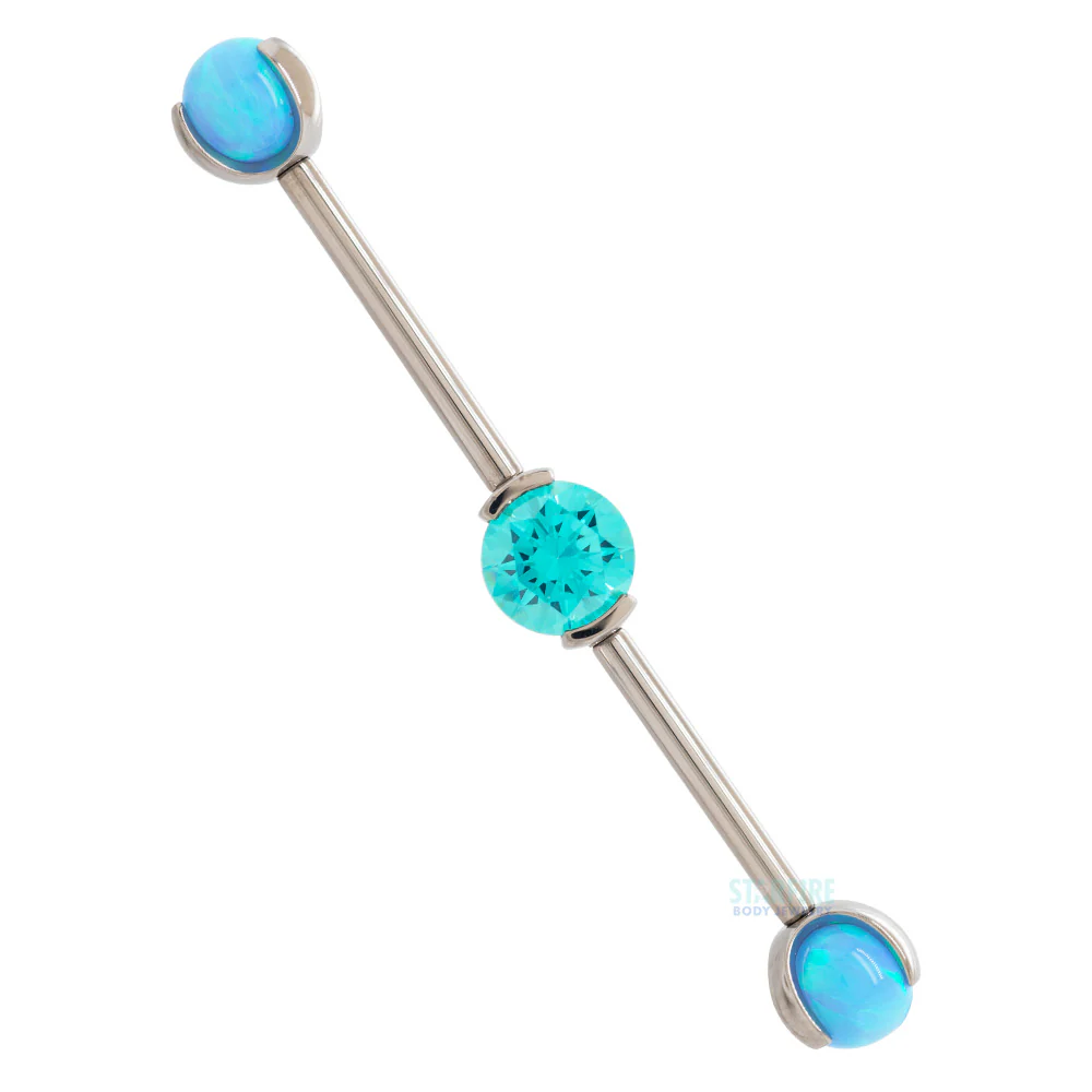 Round Faceted Gem Industrial Barbell with Opal Balls in Prong's - Image 9