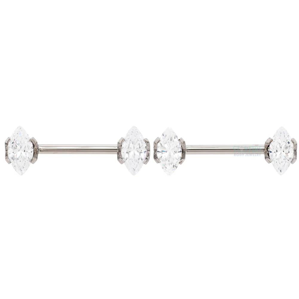 threadless: Marquise-Cut Brilliant-Cut Gems Side-Set Nipple Barbells in Prong's - 1/2" - pair - Image 6