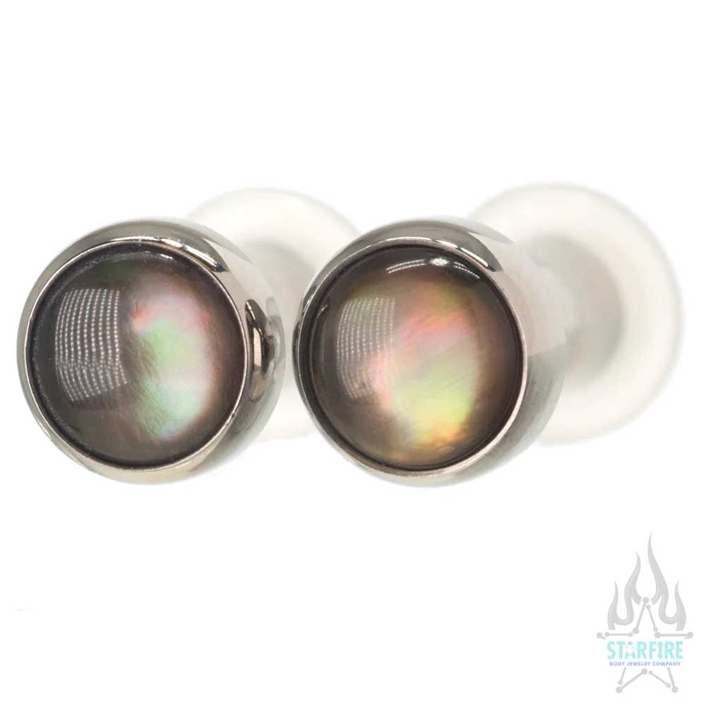Titanium Natural Stone Cabochon Gem Plugs - Black Mother-of-Pearl - Image 2