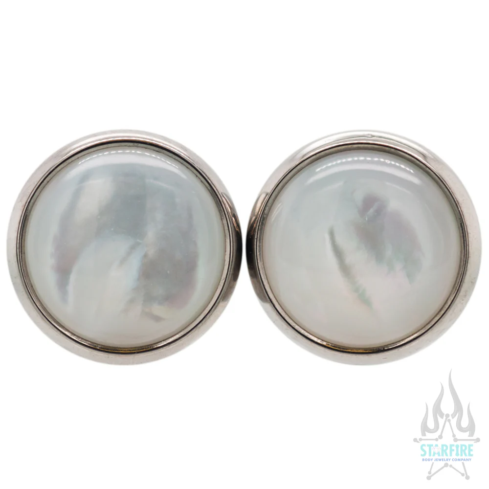 Titanium Natural Stone Cabochon Gem Plugs - White Mother-of-Pearl - Image 3
