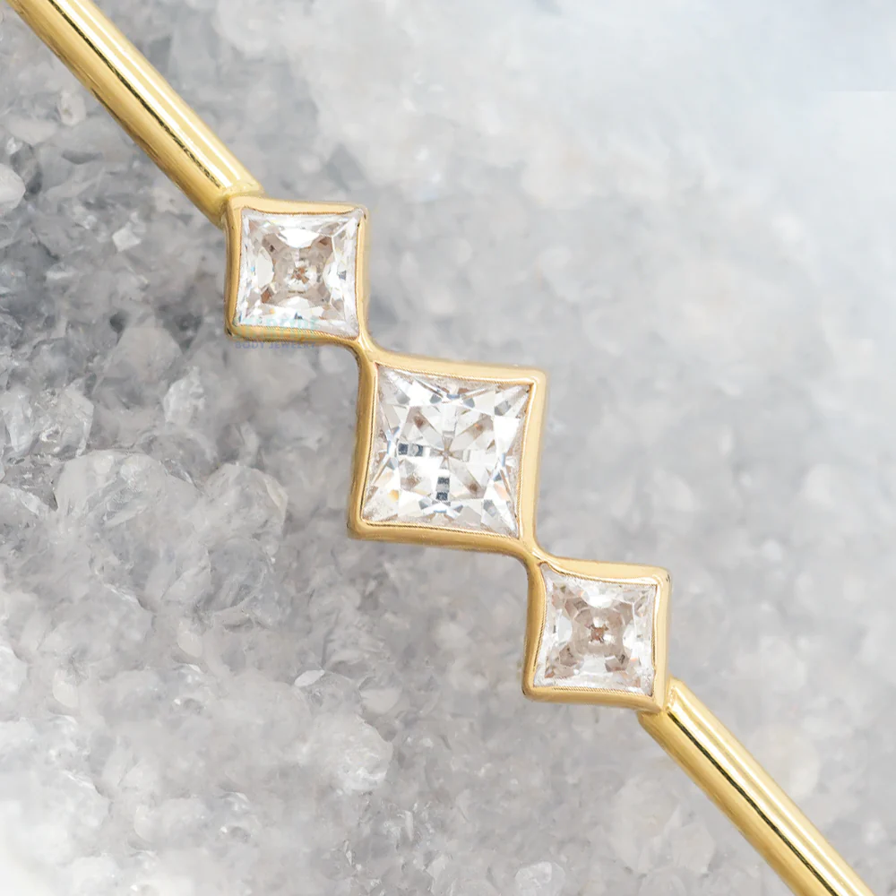 "Jenna" Industrial Barbell in Gold with In-Line Princess-Cut White CZ's - Image 2