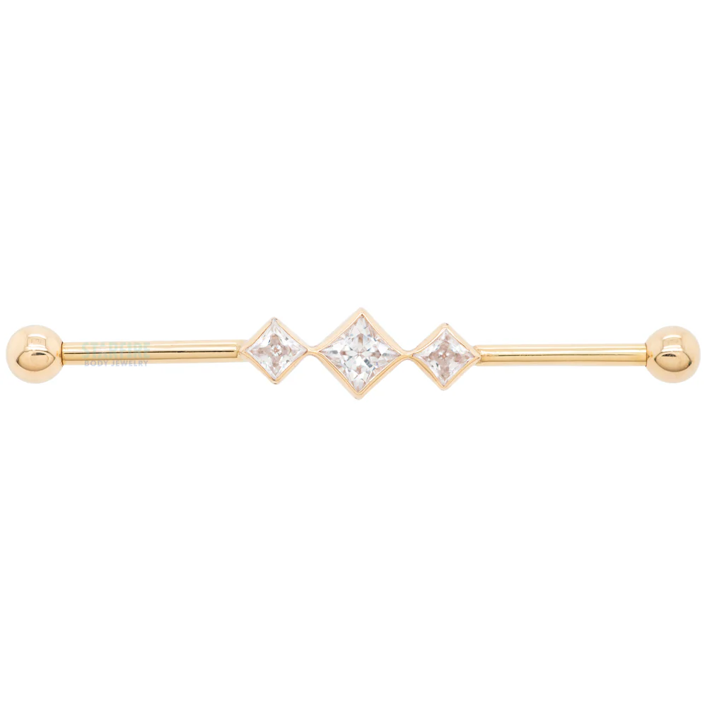"Jenna" Industrial Barbell in Gold with In-Line Princess-Cut White CZ's - Image 3