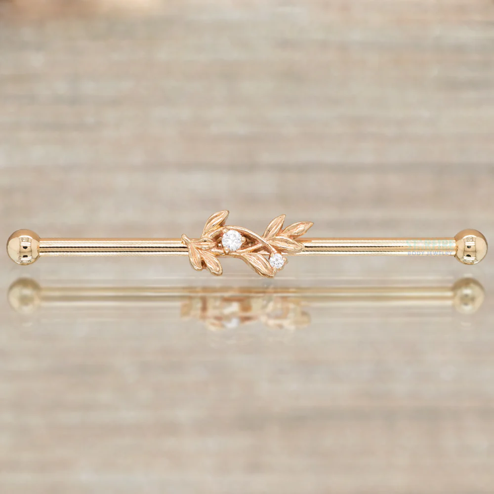 "Jessamine" Industrial Barbell in Gold with White CZ's
