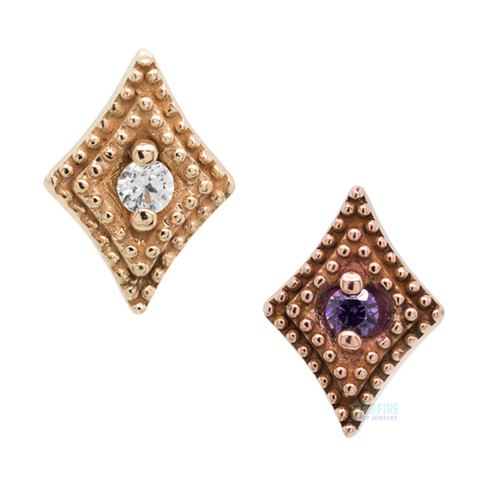 Double Diamond Millgrain Threaded End in Gold with Faceted Gem