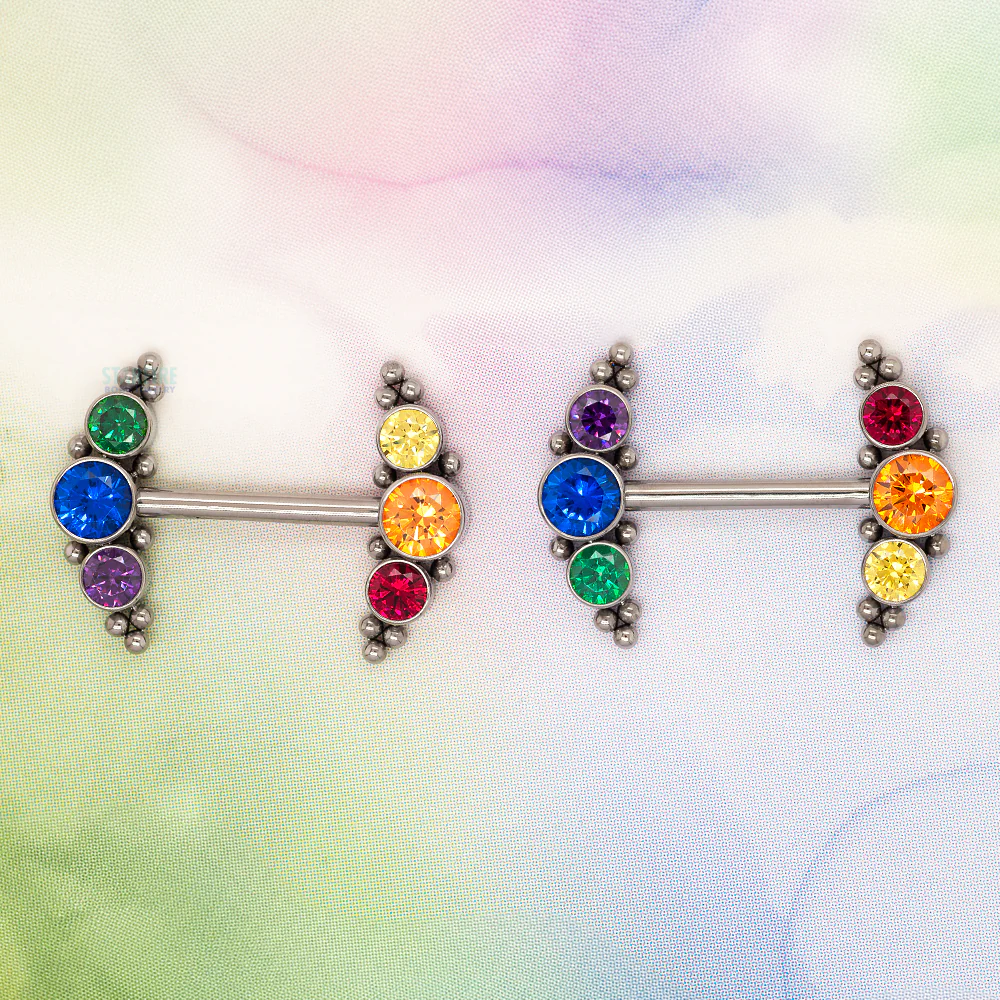 HC11T-20 'Haute Couture' Side Set Rainbow Faceted Gem Nipple Barbells - pair - Image 2