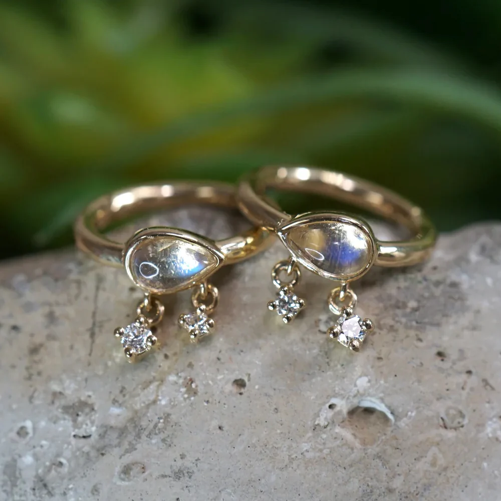 "Amara" Hinge Ring / Clicker in Gold with Moonstone & Diamonds - Image 2