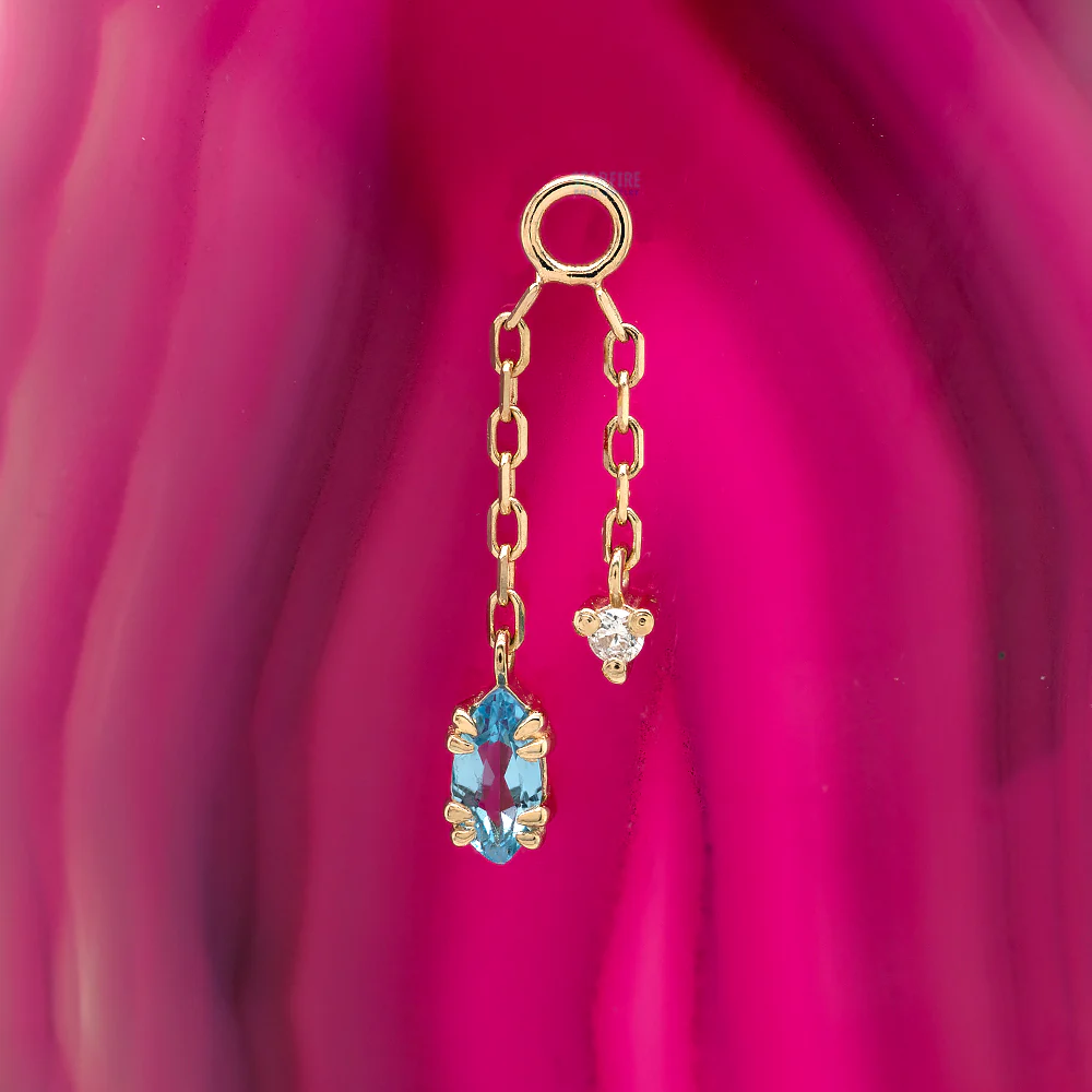 "Georgia" Double Chain Charm in Gold with Swiss Blue Topaz & Diamond - Image 2