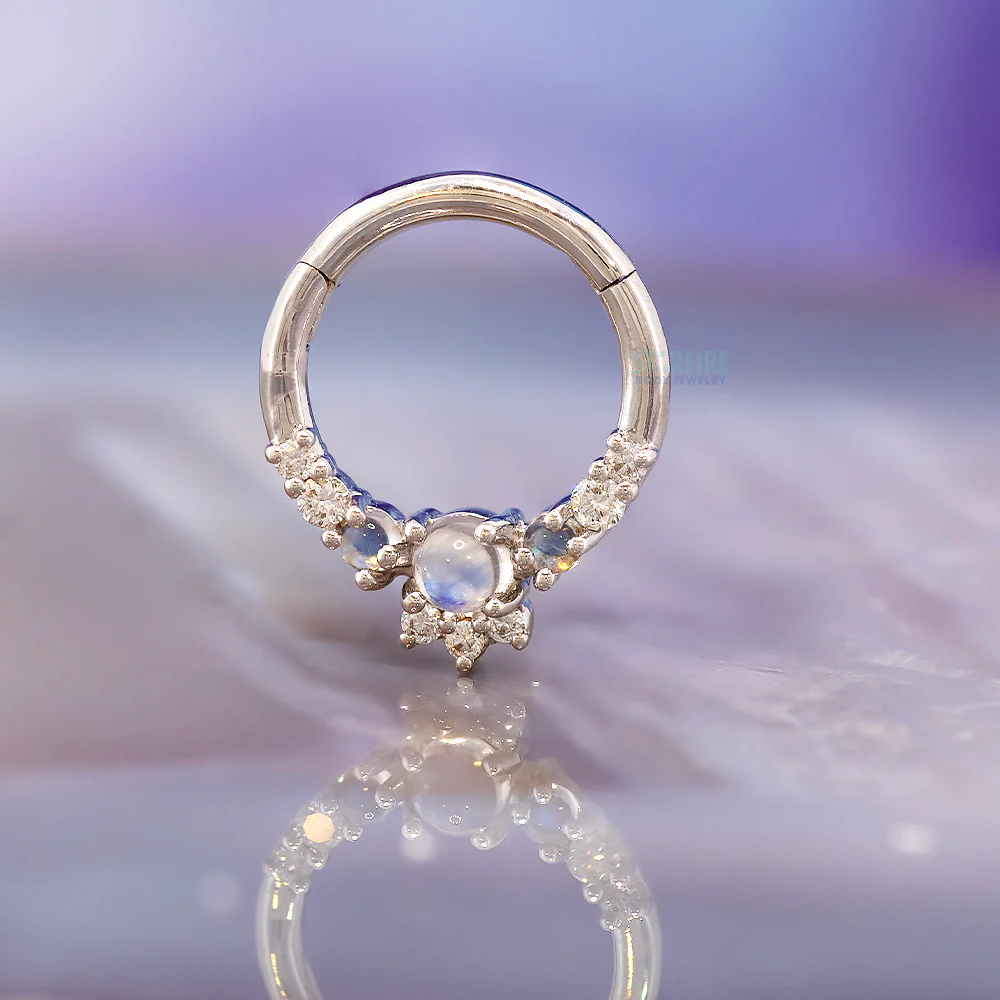 "Leia Elaborate" Hinge Ring / Clicker in Gold with Moonstone & Diamonds - Image 2