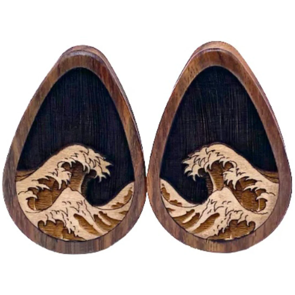 "Great Waves" Wood Teardrop Inlay Plugs