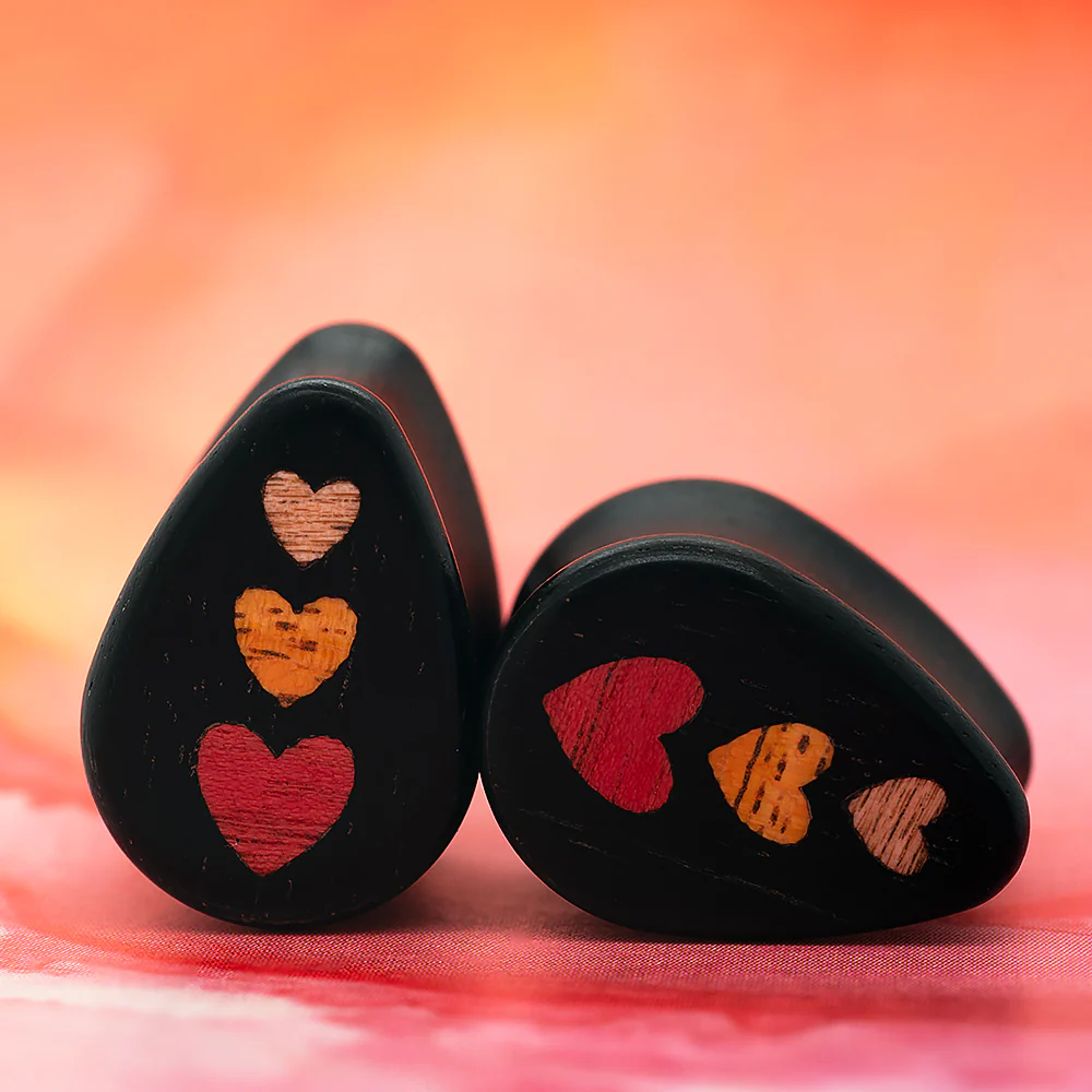 Stacked Hearts Wood Teardrop Inlay Plugs - Image 2