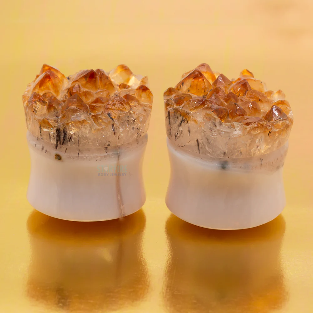 Druzy Rough Citrine Double Flared Plugs - Image 4