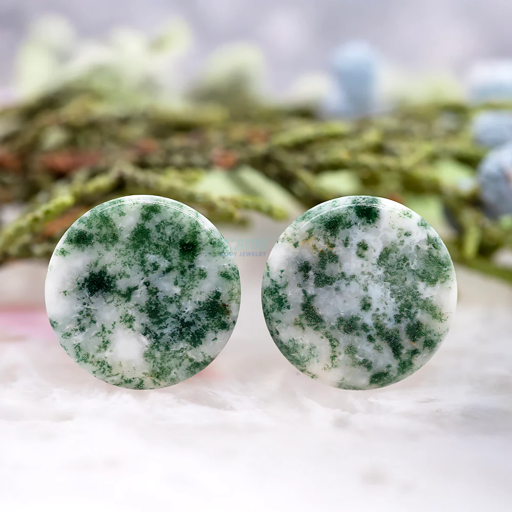 Mayan Style Stone Plugs - Green Tree Agate - Image 2