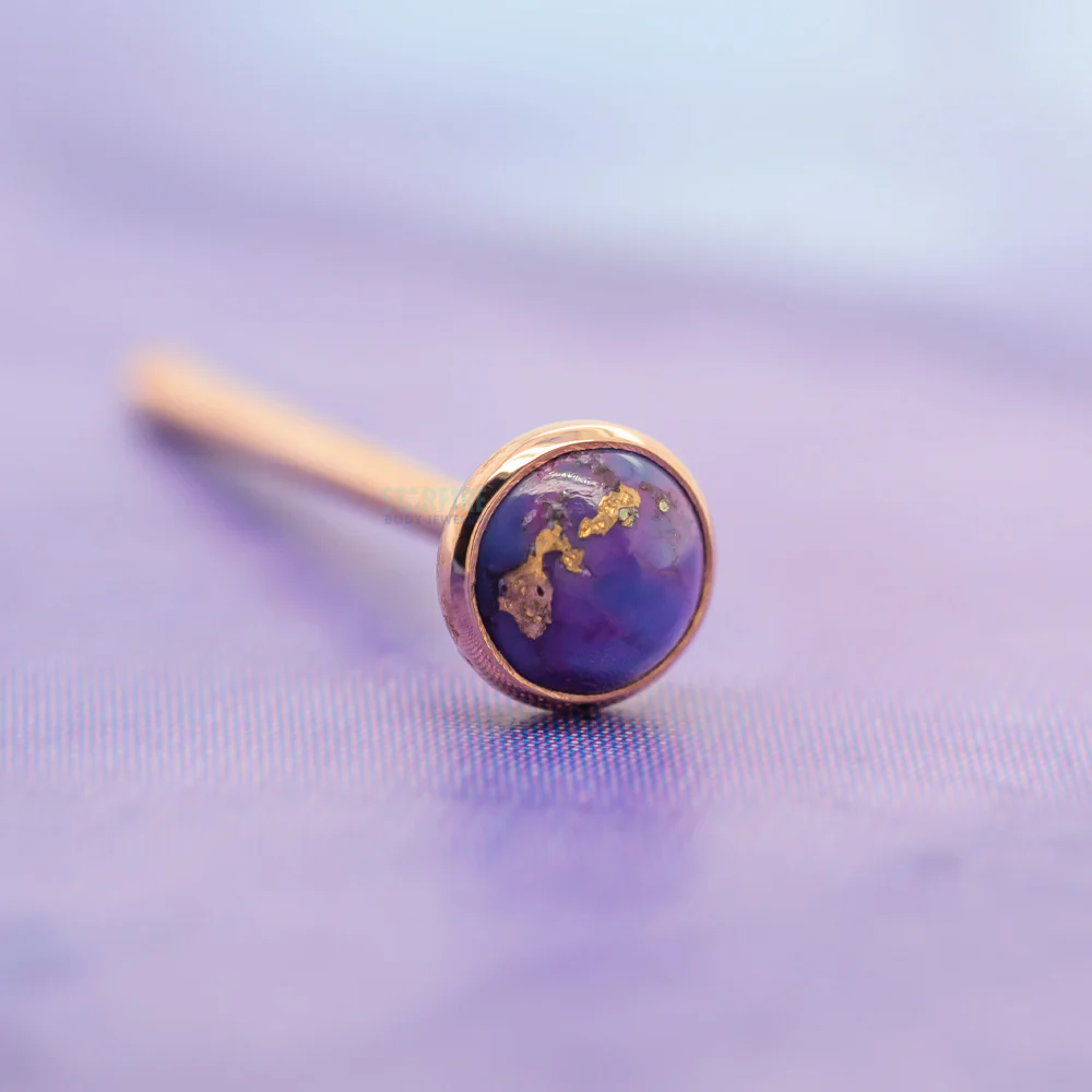 Copper Purple Turquoise in Cup Setting Nostril Screw in Gold - Image 2