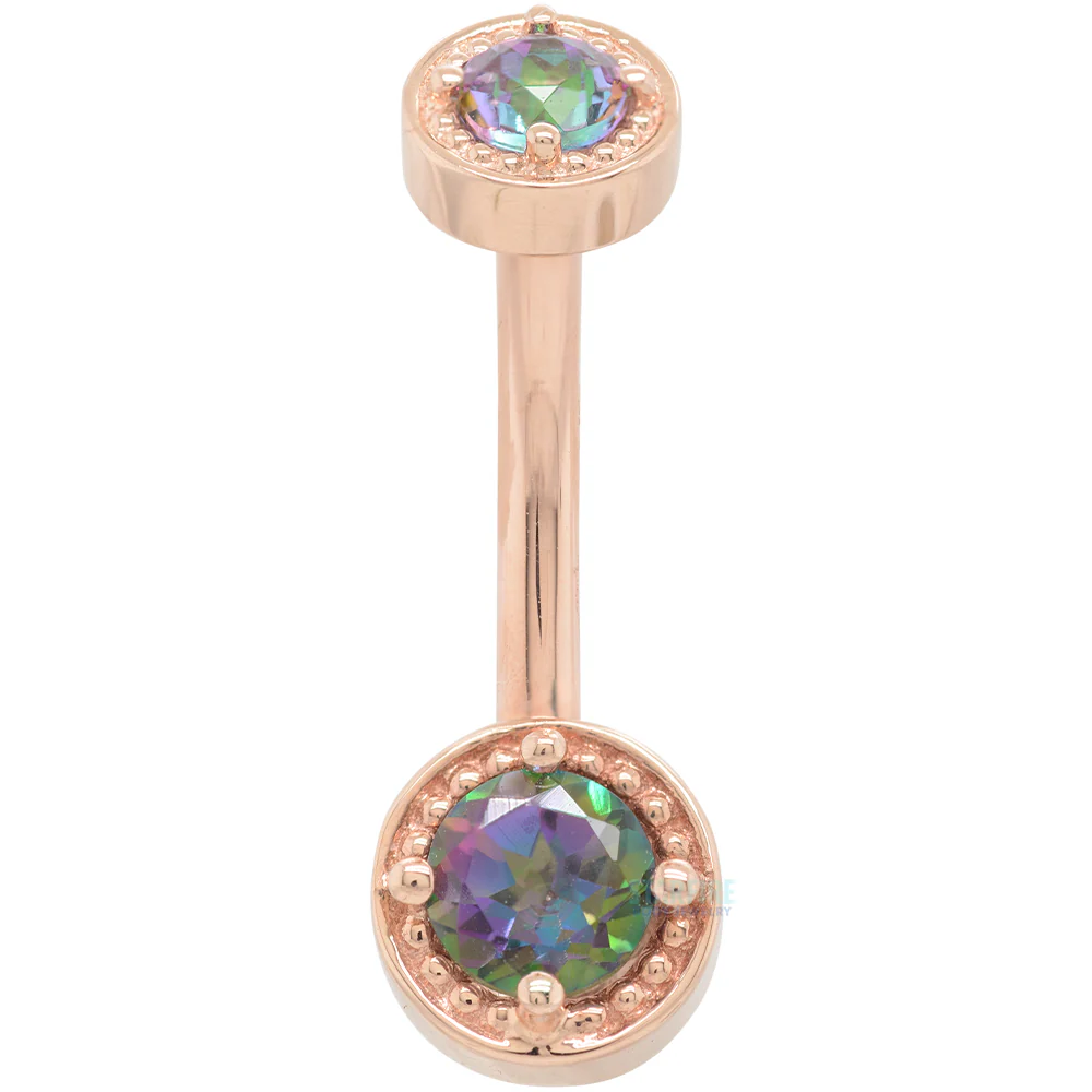 "Rachel" Milgrain Prong Navel Curve in Gold with Mystic Topaz