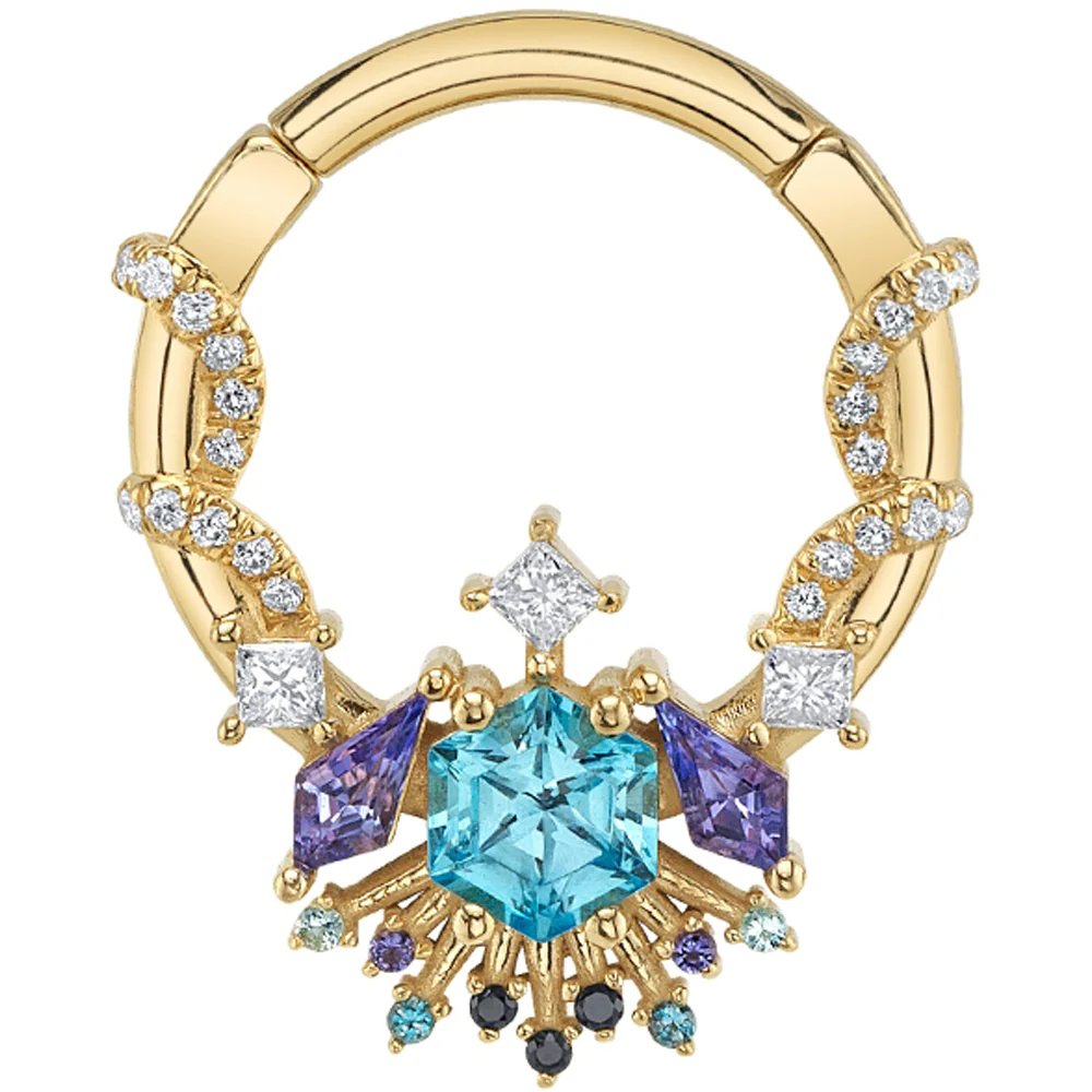 "Ramiel" Hinge Ring in Gold & Platinum with Swiss Blue Topaz, Tanzanite, White Diamond, Iolite, London Blue Topaz & Black Diamonds - Image 2