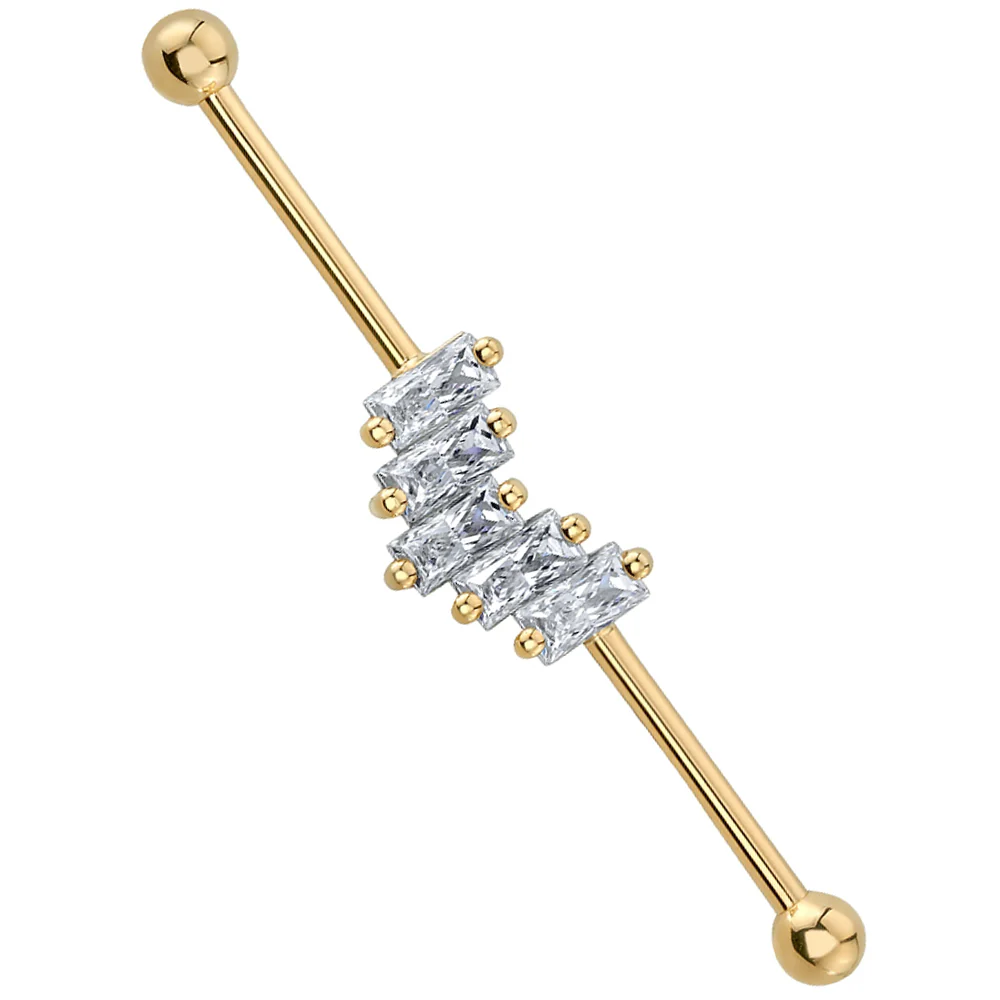 "Reina" Industrial Barbell in Gold with White CZ's - Image 2