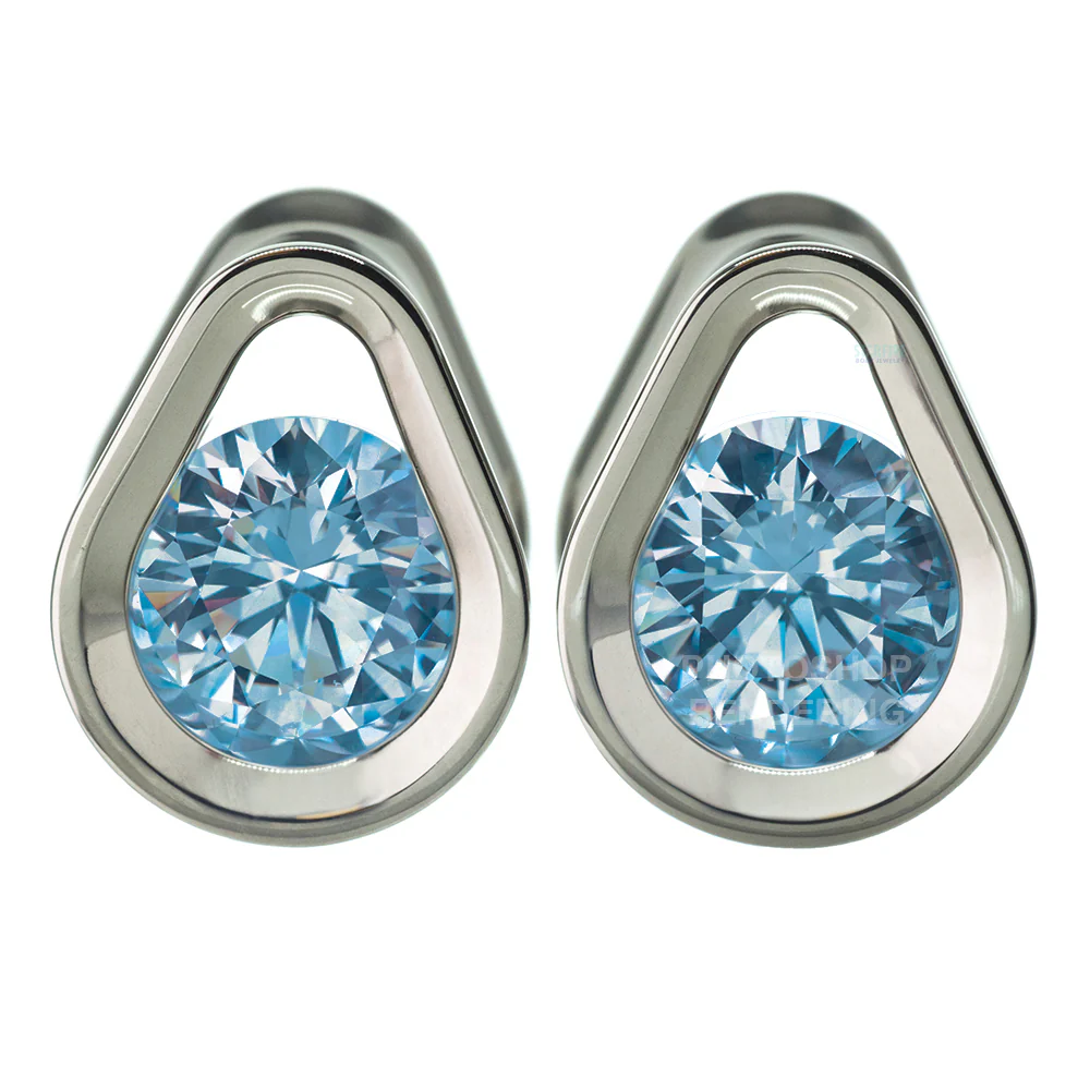 Single Gem Teardrop Eyelets with Brilliant-Cut Gem - Blue Zircon