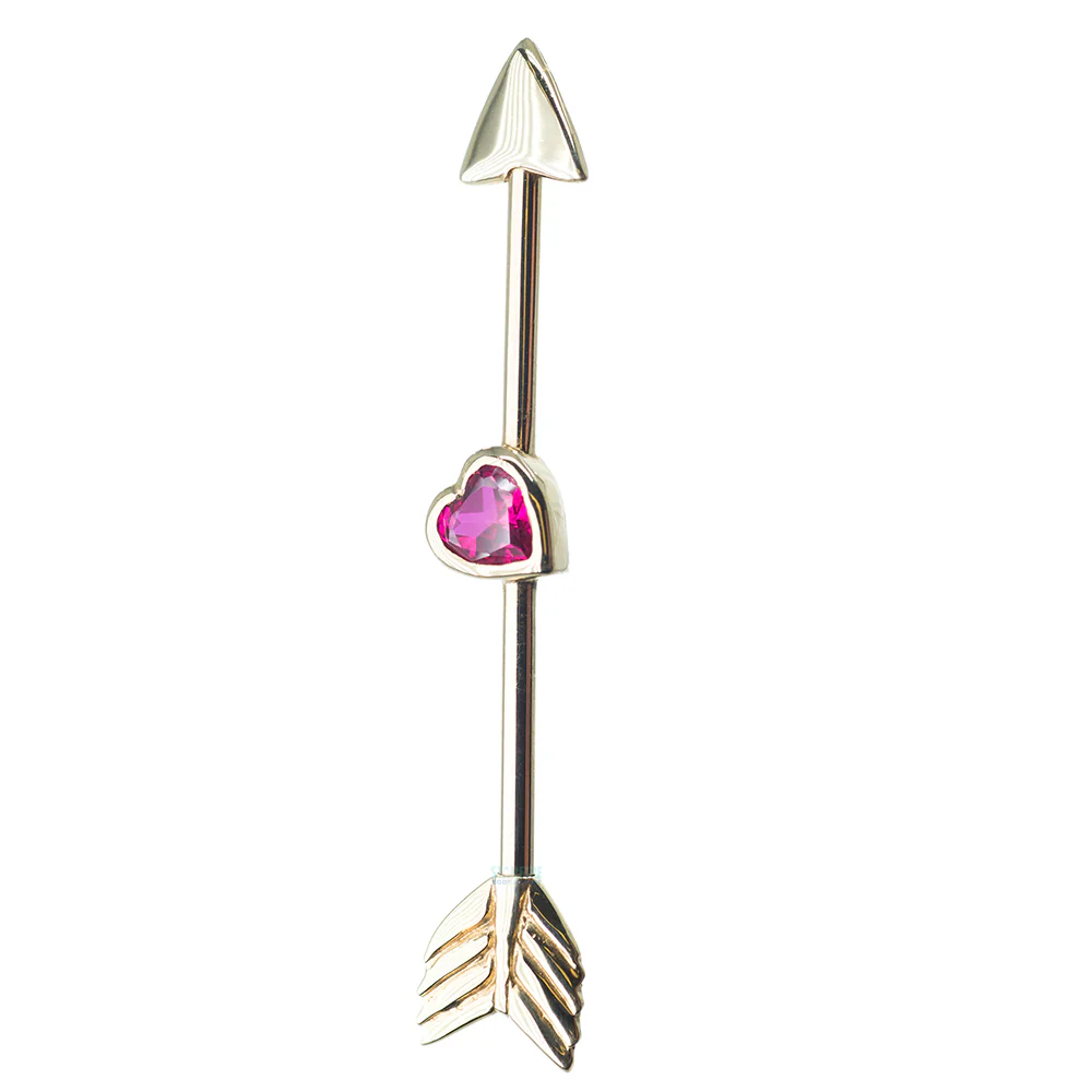 "Straight Thru My Heart" Industrial Barbell in Gold with Red CZ - Image 3