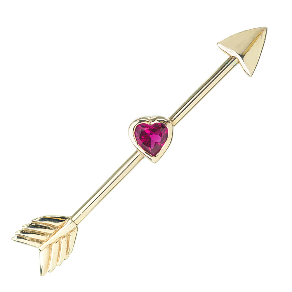 "Straight Thru My Heart" Industrial Barbell in Gold with Red CZ - Image 4