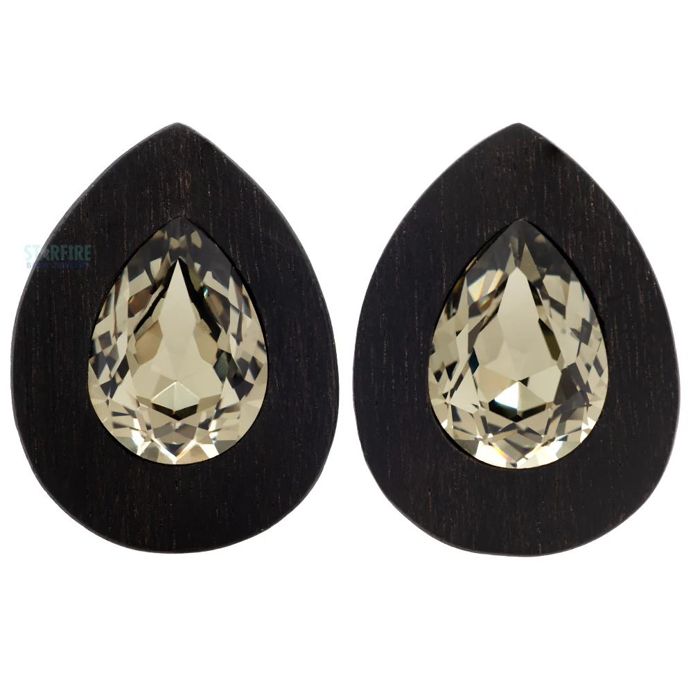 Teardrop Swarovski Plugs in Ebony Wood - Black Diamond - Image 2