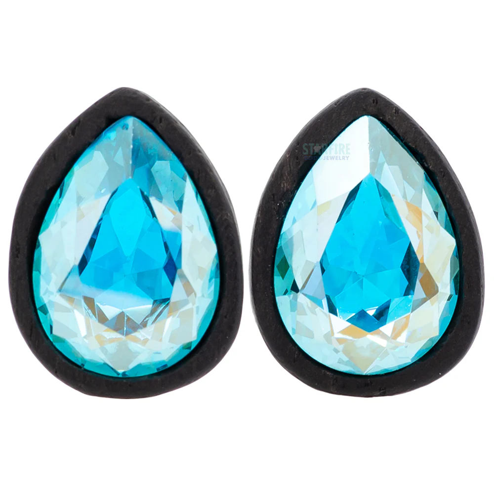 Teardrop Swarovski Plugs in Wood - Aqua AB - Image 2