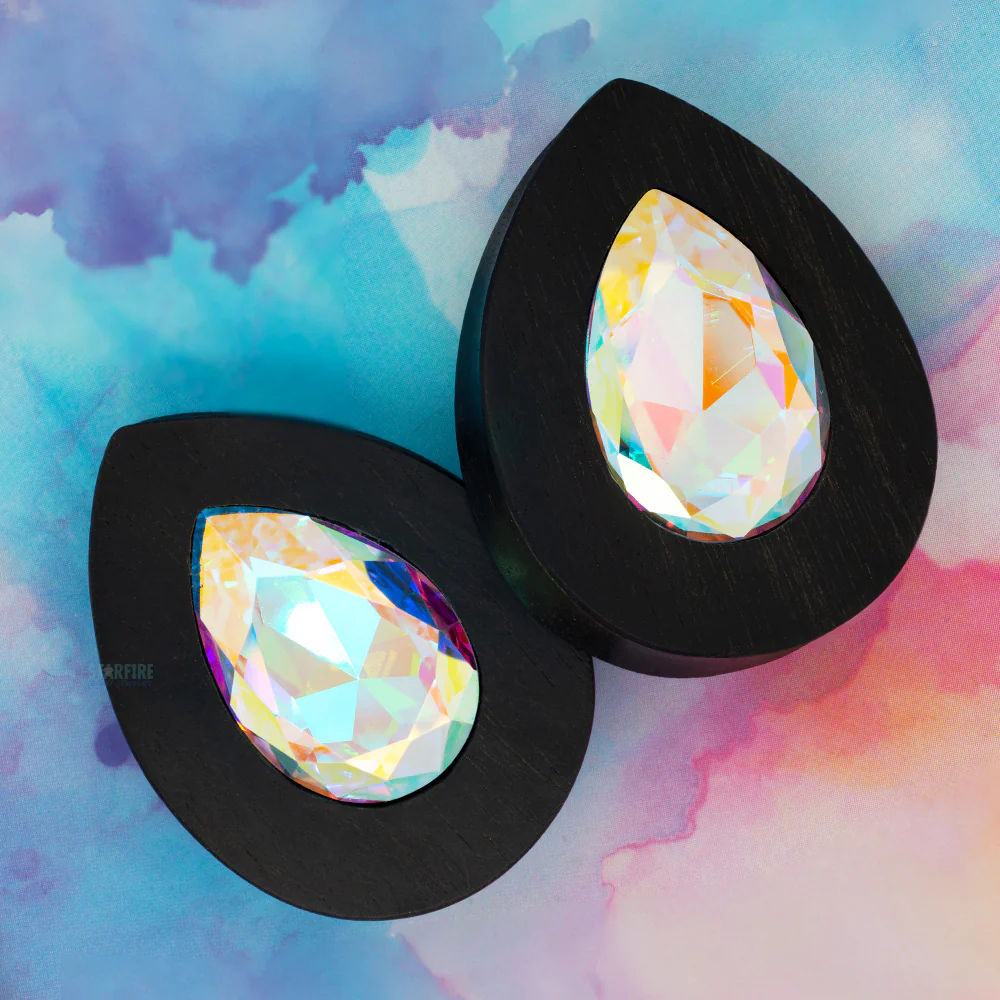 Teardrop Swarovski Plugs in Wood - Crystal AB - Image 2