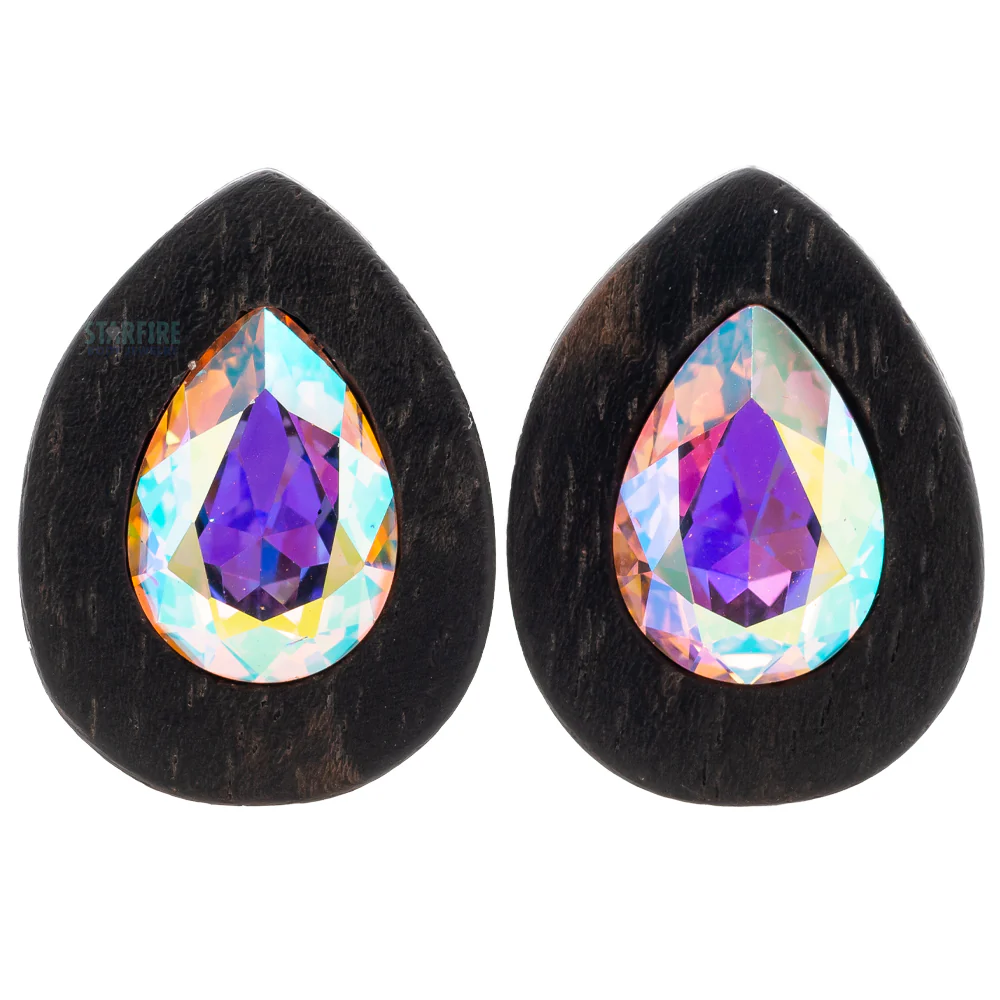 Teardrop Swarovski Plugs in Wood - Crystal AB - Image 3