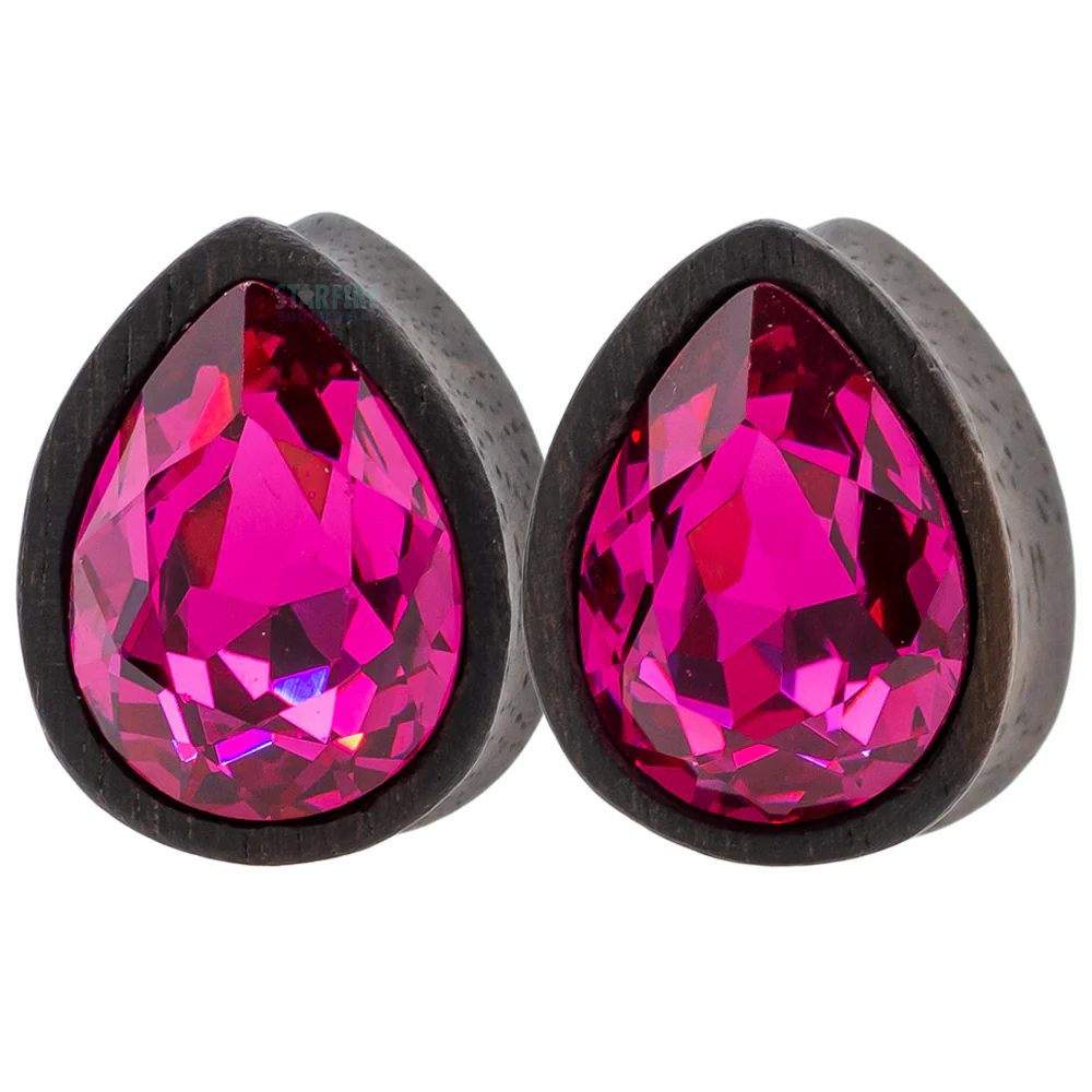 Teardrop Swarovski Plugs in Wood - Fuchsia