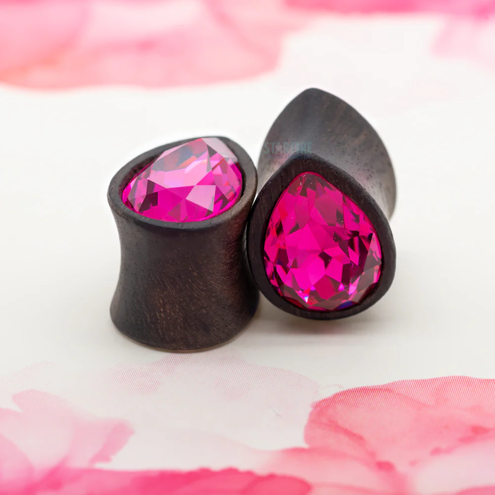 Teardrop Swarovski Plugs in Wood - Fuchsia - Image 2